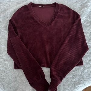 Ripe Burgundy V-Neck Ribbed Long Sleeved Cropped Top Velvet Material Size Small